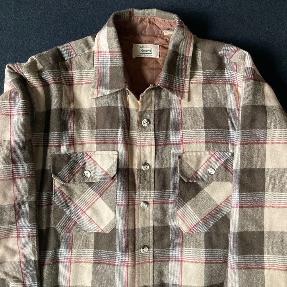 Vintage Sears Quilted Flannel Shirt Jacket Brown Plaid Tall L 41-C58063 Mens